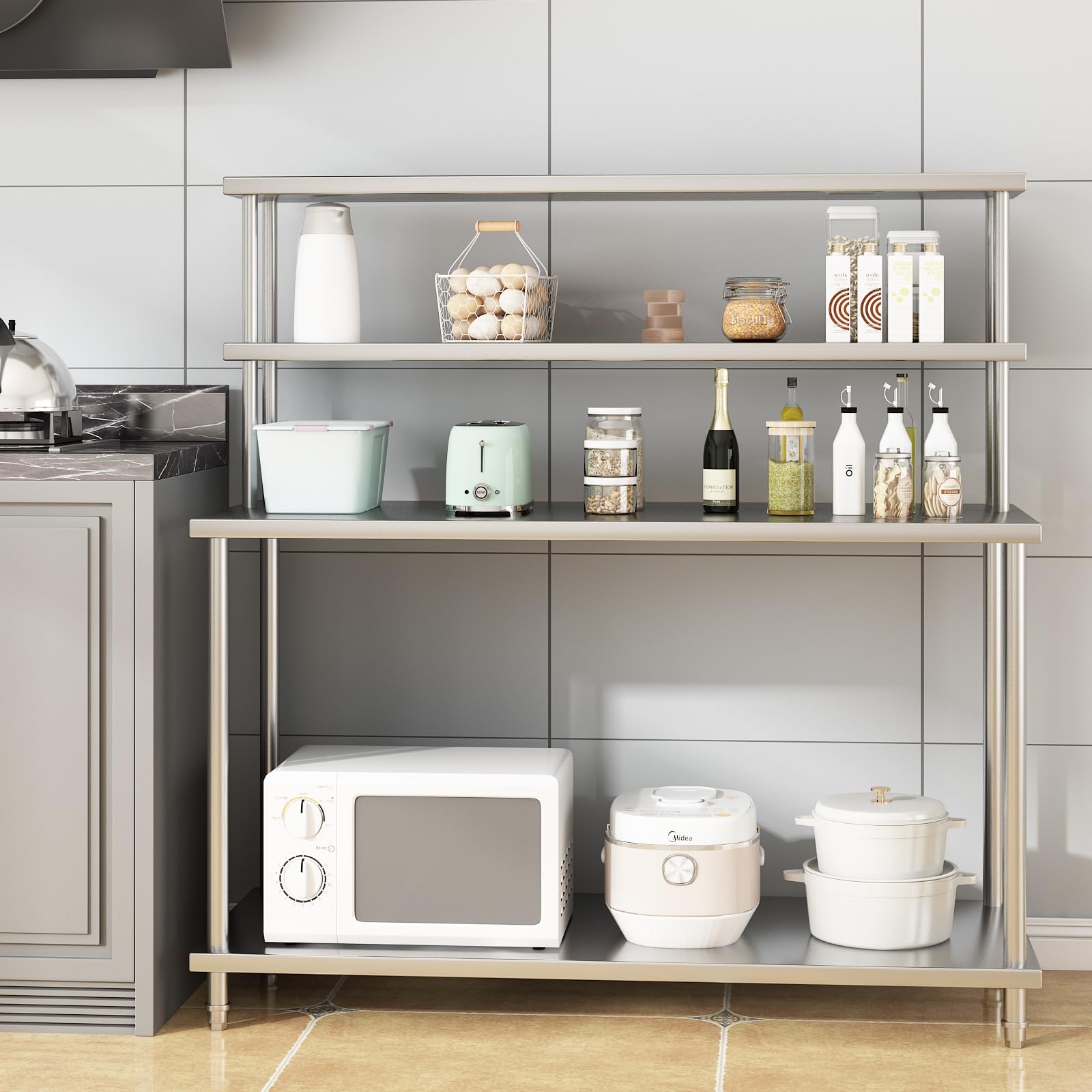 Commercial Kitchen Prep Table With Storage - 오버쉘프가 있는 스테인리스 스틸 테이블, 60인치