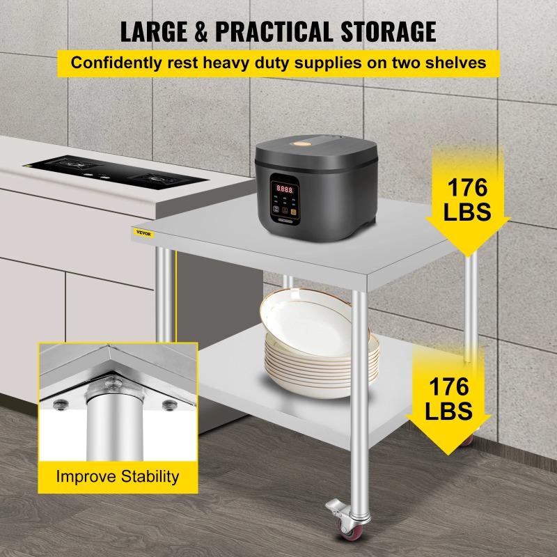 스테인리스 스틸 주방 준비대(4개 캐스터 휠 포함) 백 - Commercial Kitchen Prep Table With Storage 리뷰 및 가격